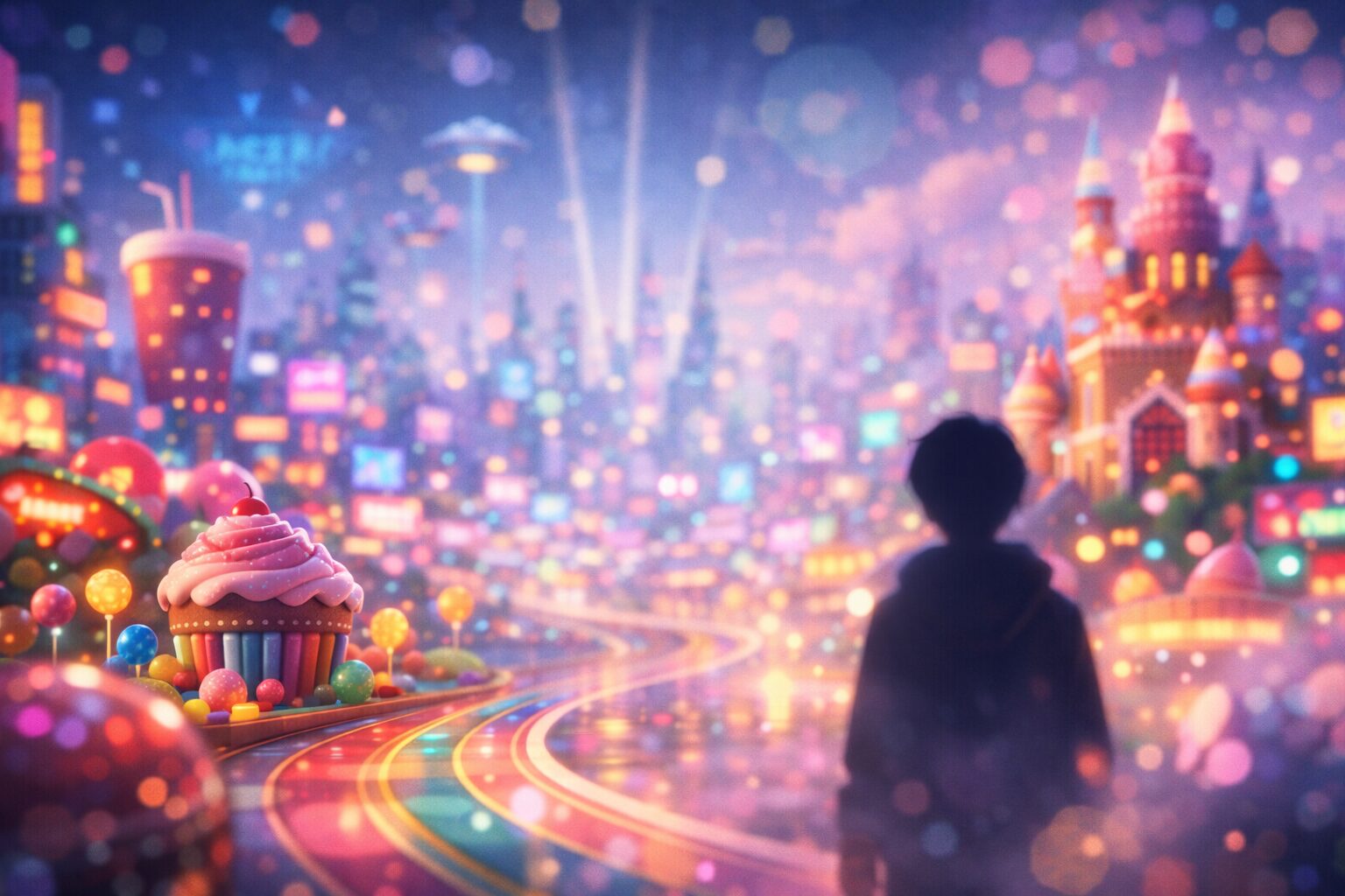 男性が立つシュガーラッシュ2のネオン街