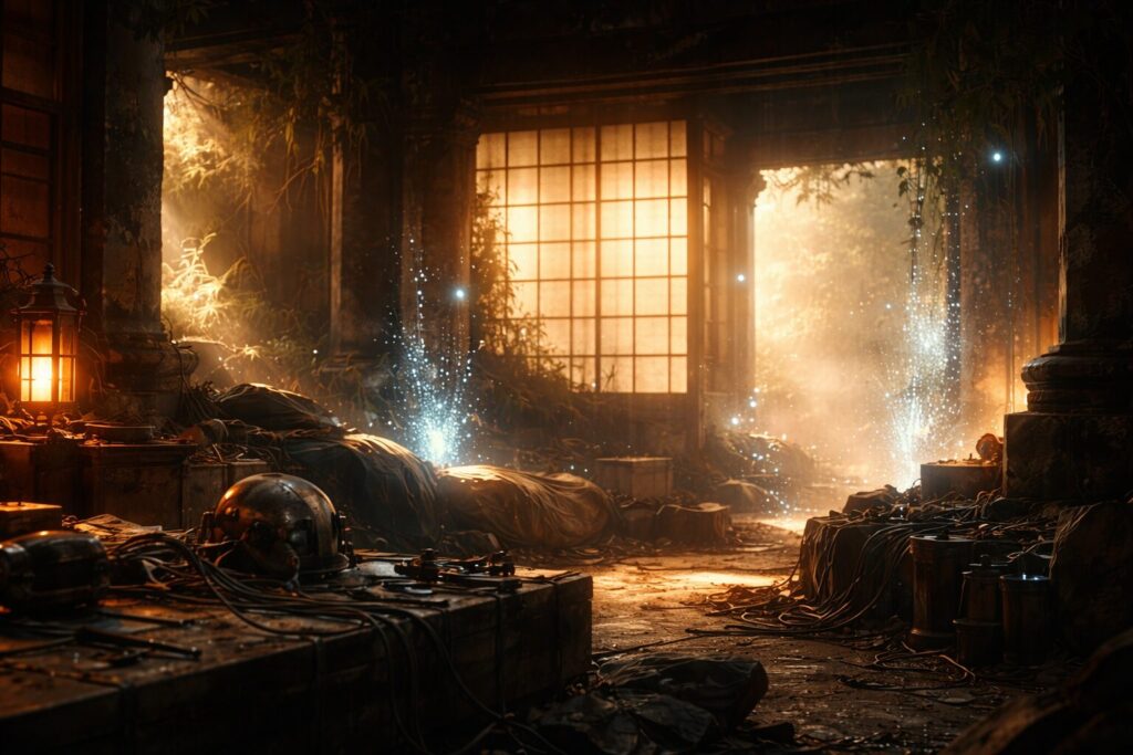 荒廃した都市を見つめる男性とザクリエイターの緊張感