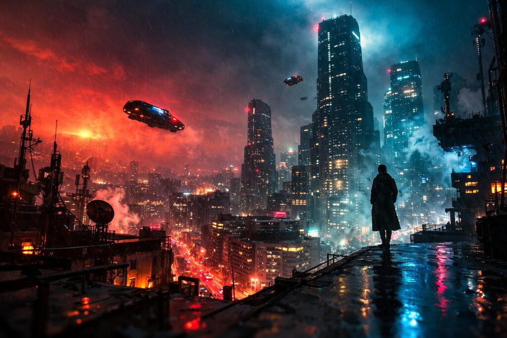 霧の街に立つ男性が象徴するブレードランナー2049の孤独