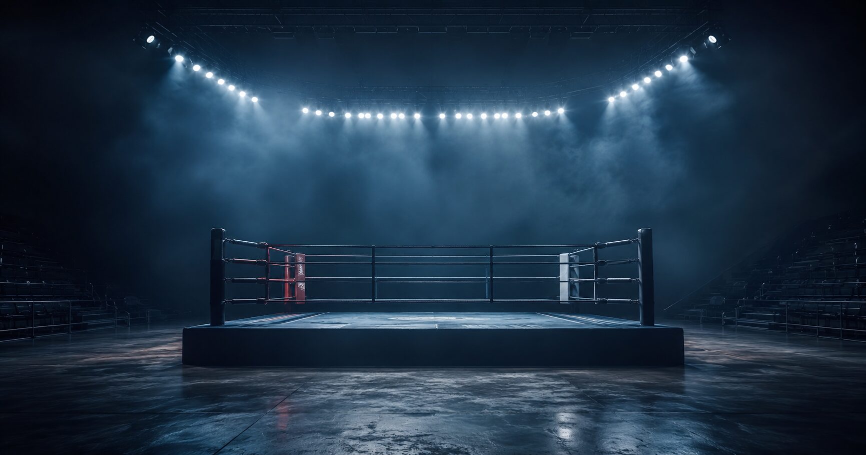 クリード3（Creed III）とはどんな映画かを伝えるため、ボクシングリングと照明が印象的な映画作品の世界観を表すイメージ画像