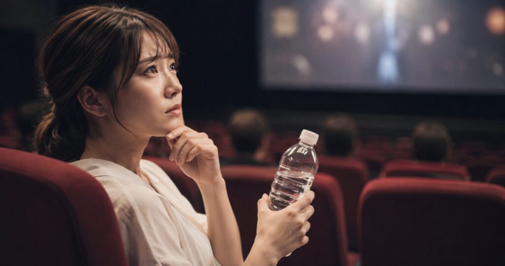 映画館のペットボトル持ち込みルールやマナーについて考える利用者の様子を表すイメージ画像