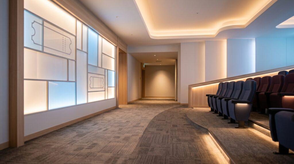映画館の雰囲気や料金制度の変更を連想させる空間から、夫婦50割終了や見直しを表すイメージ画像