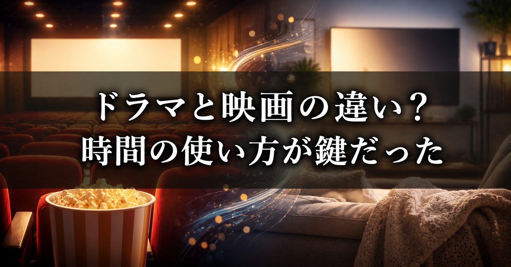 ドラマと映画の違いをテーマに、時間の使い方や作品ごとの魅力を連想させる落ち着いた雰囲気を表すイメージ画像