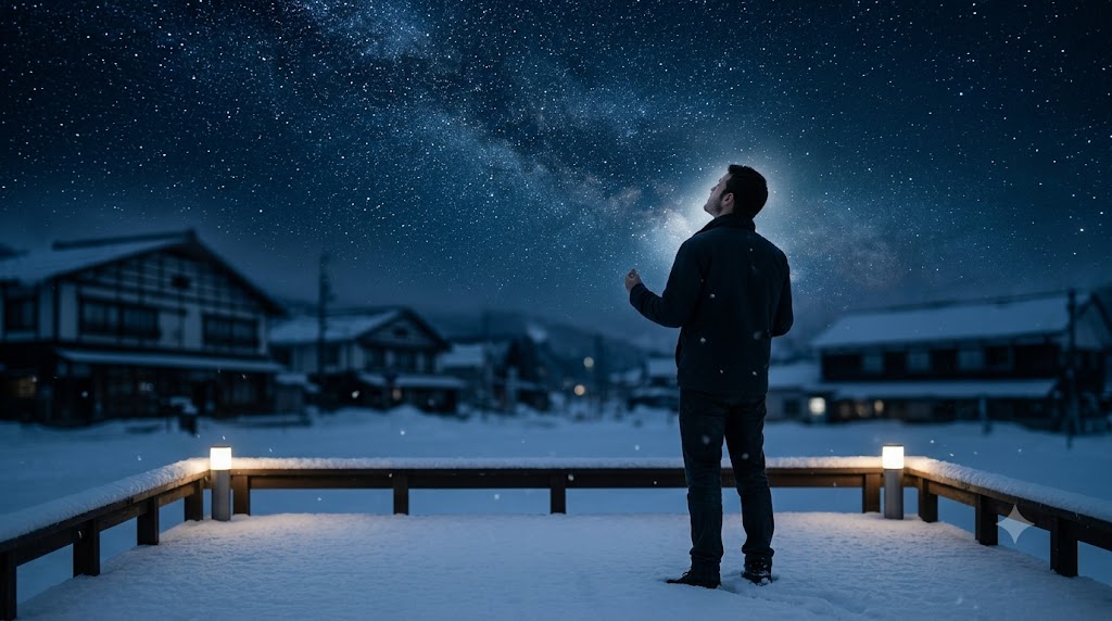 『ミッドナイトスカイ』の終末世界に広がる雪景色と静寂な雰囲気を表すイメージ画像