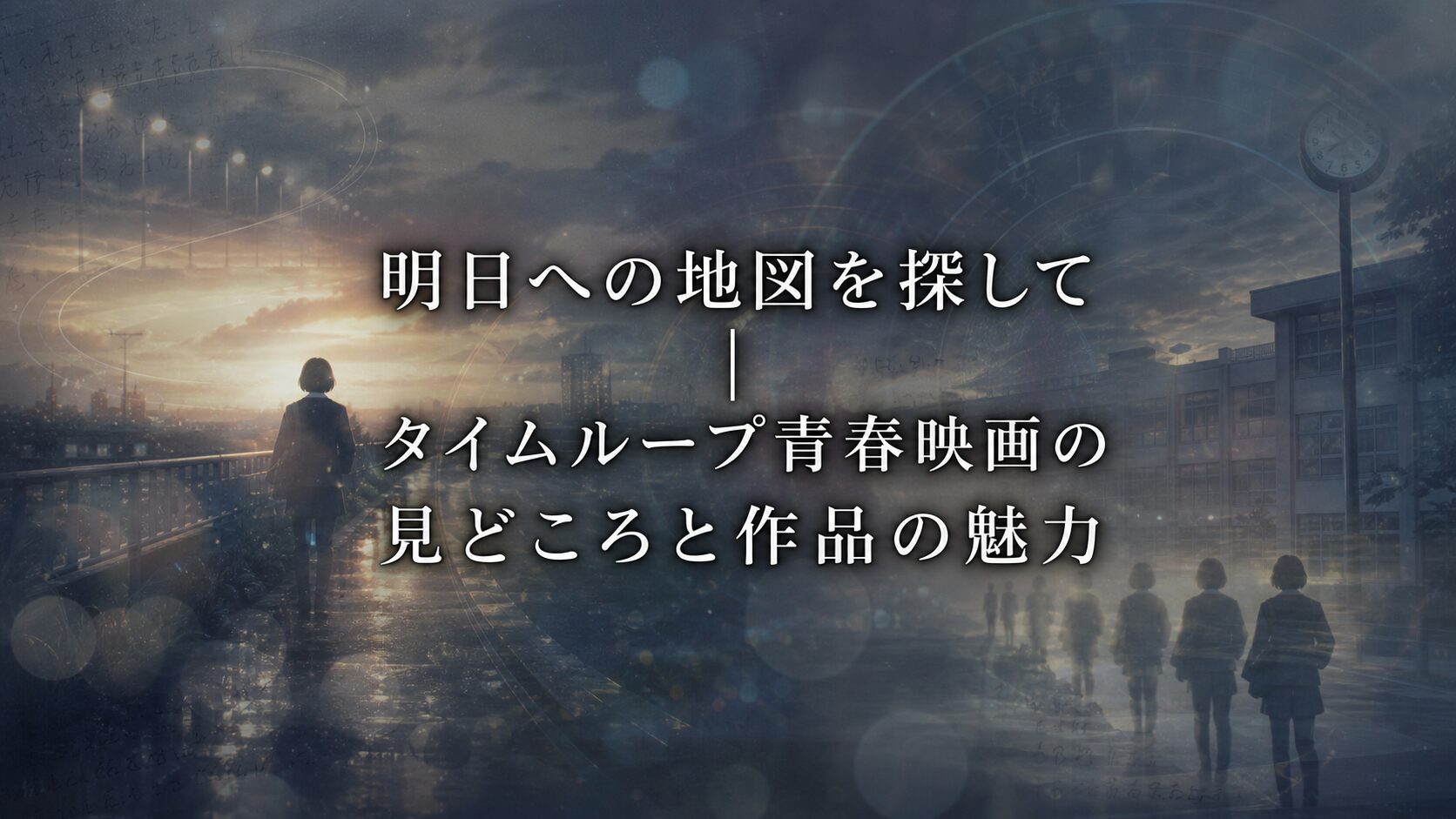 明日への地図を探してをイメージした、時間が繰り返される幻想的な風景と青春の希望を表すイメージ画像